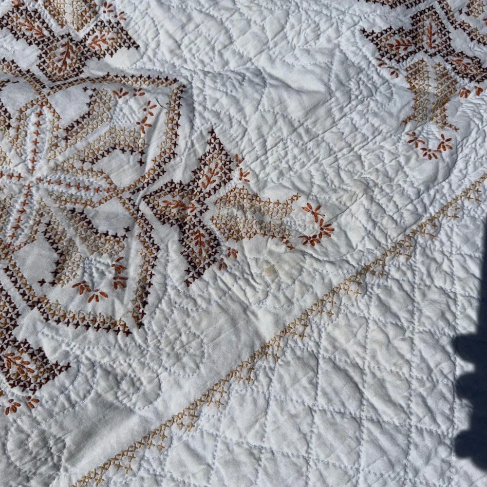 Vintage Hand Embroidered Quilt Brown Cross Stitch Whole Cloth Folk Art Coverlet